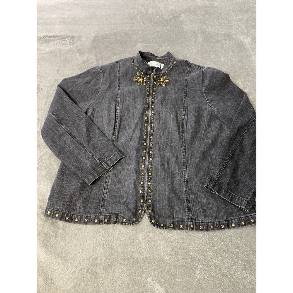 Alfred Dunner Jacket Womens 20W Grey Embellished Studded Zip Front Denim Coat